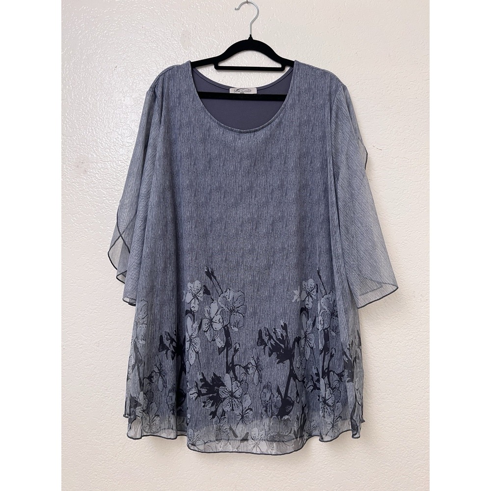 Sese Code Gray Floral Mesh Layered Tunic Blouse Flutter Sleeve 3XL